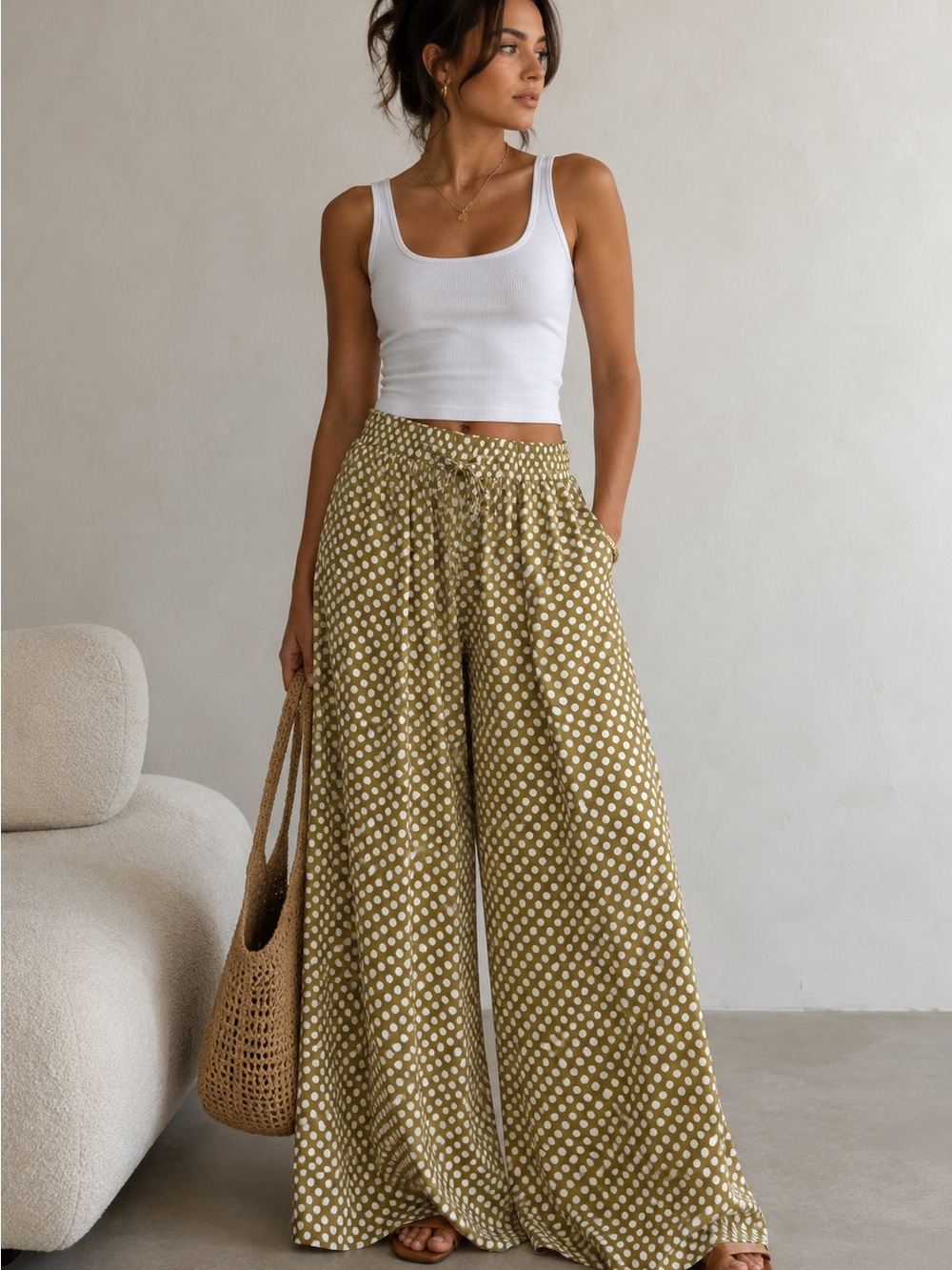 Olive Polka Dot Wide-Leg Drawstring Palazzo Contemporary Pants NWOT